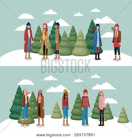 Group Of Women In Snowscape With Winter Clothes Vector Illustration
