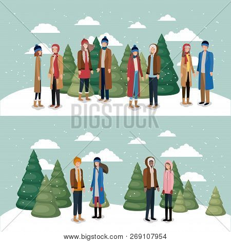 Group Of Women In Snowscape With Winter Clothes Vector Illustration
