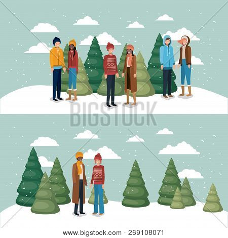 Group Of Women In Snowscape With Winter Clothes Vector Illustration