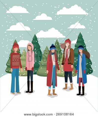 Group Of Women In Snowscape With Winter Clothes Vector Illustration