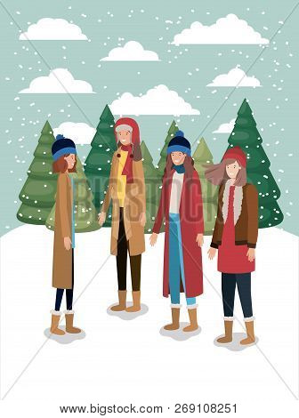 Group Of Women In Snowscape With Winter Clothes Vector Illustration