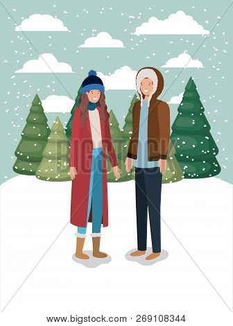Couple In Snowscape With Winter Clothes Vector Illustration Design