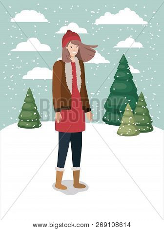 Woman In Snowscape With Winter Clothes Vector Illustration Design