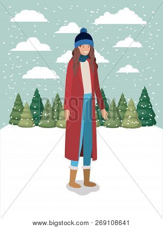 Woman In Snowscape With Winter Clothes Vector Illustration Design