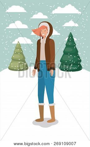 Woman In Snowscape With Winter Clothes Vector Illustration Design