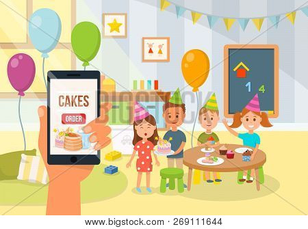 Children Birthday Party Concept. Homemade Bakery, Order And Cake Delivery. Application For Ordering 
