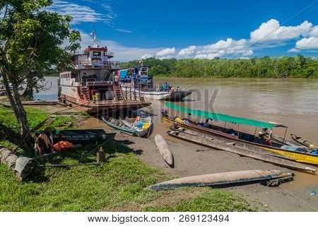 Pantoja, Peru - July 13, 2015: Cargo Boat Arabela I Plies River Napo, Peru