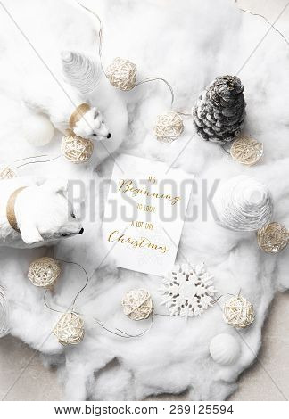 Snowy Christmas Scene Overhead Layflat With Polar Bears Gold Lights Pinecone Snowflake Snow And Orna