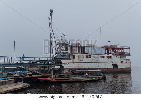 Mazan, Peru - July 17, 2015: Cargo Boat Arabela I Plies River Napo, Peru