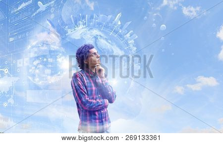 Pensive hipster guy. Mixed media
