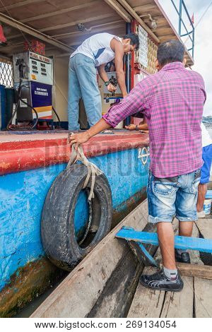 Iquitos, Peru - July 18, 2015: Floating Gas Station In Floating Shantytown In Belen Neigbohood Of Iq
