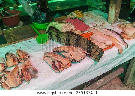 Caiman Meat For Sale At Belen Market In Iquitos