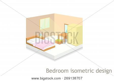 Bedroom Isometric Design, Colorless Design,interior With Wood Set, Vector Art And Illustration.