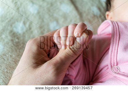 Father Hand Holds The Baby`s Hand. Fatherhood Concept. Closeup View. Stock Image.