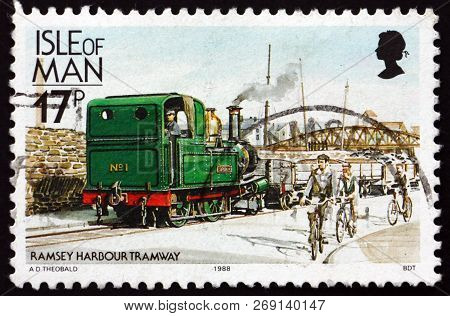 Isle Of Man - Circa 1988: A Stamp Printed In Isle Of Man Shows Locomotive No1., Ramsey Harbor Tramwa