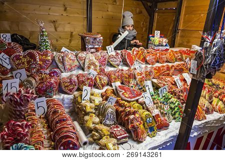 Gdansk, Poland - December 3, 2016: Kiosks Stall With Traditional Polish Christmas Gifts Gingerbread 