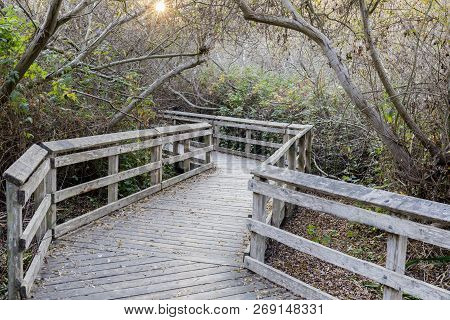 Sunset Over Neary Lagoon Boardwalks. Santa Cruz, California, Usa.