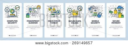 Vector Web Site Linear Art Onboarding Screens Template. Cyber Security And Computer Encryption. Secu