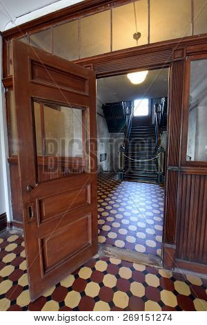 Mansfield, Oh, May 29, 2018, Ohio State Reformatory, Former Prison, Wooden Door With Glass Window Sm