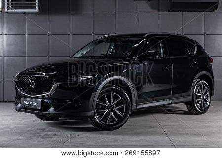 Novosibirsk, Russia - November 16, 2018: Black Mazda Cx5, Front View. Photography Of A Modern Car On
