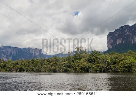 River Carrao And Tepui Table Mountain Auyan In National Park Canaima, Venezuela