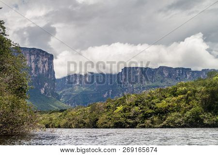 River Carrao And Tepui Table Mountain Auyan In National Park Canaima, Venezuela