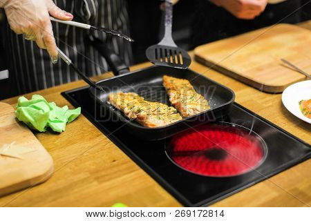 Slice Pizza In Box And Can Of Soda On Wood Background