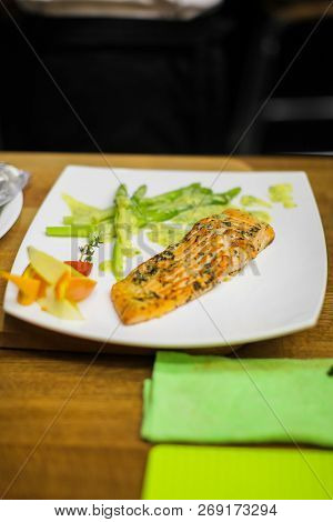 Salmon Steak In Spices On Grill Pan