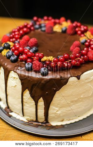Hand Made Cake With Berries For The Birthday Of Everyone. The Cake Is The Dessert Of The Day That Ma