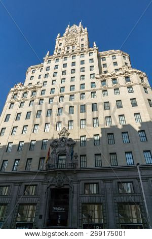 Madrid, Spain - January 24, 2018: Telefonica Building (edificio Telefonica) At Gran Vía Street In Ci
