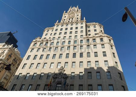 Madrid, Spain - January 24, 2018: Telefonica Building (edificio Telefonica) At Gran Vía Street In Ci