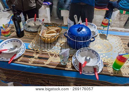 Puerto Chuvica, Bolivia - April 16, 2015: Dinner Meade For Tourists In A Hotel Made Of Salt Near Sal