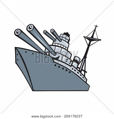 Cartoon Style Illustration Of A World War Two Battleship, Cruiser Or Destroyer With Big Guns Or Cann