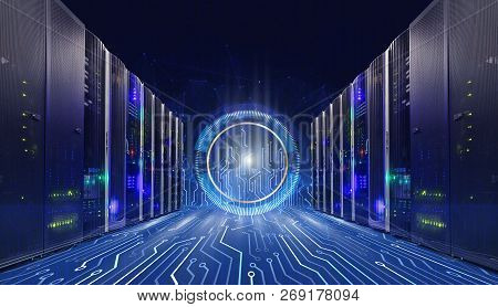 Information Technology Concept Of Big Data. Server Room With Motherboard Connectors, Technology Back