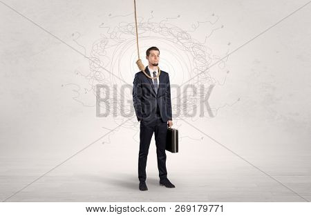 Burnout young elegant businessman trying to suicide with doodle concept