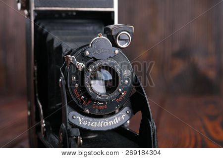 Moscow, Russia, April 18, 2017. The Old German Medium-format Scaling Camera Voigtlander Bessa, Relea