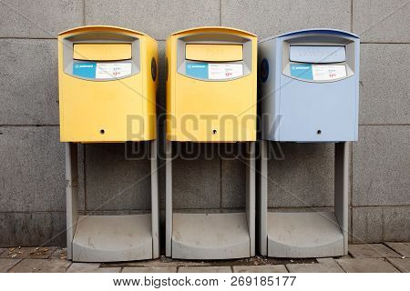 Stockholm, Sweden - March 24, 2016: Two Blue And One Blue Post Boxes Operated By The Swedish Postal 