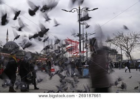 Istanbul, Turkey - February 19, 2018 : Many People Are Passing Away From The Eminonu Square.  A Blur