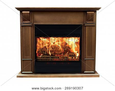 Classic Brown Burning Fireplace Isolated On White Background.
