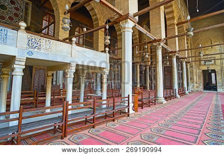 Cairo, Egypt - December 21, 2017:  Interior Of Historic Al-muayyad Mosque With Slender Stone Pillars