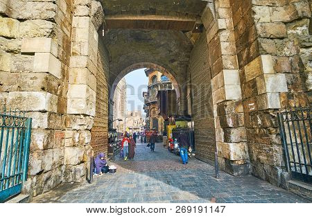 Cairo, Egypt - December 21, 2017: The  Bab Zuwayla Gate Passageway With Preserved Old Doors And Many