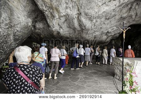 Lourdes, France - July 12, 2017: The Sanctuary Of Our Lady Of Lourdes, The Destination For Pilgrimag