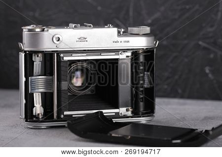 Moscow, Russia, September 12, 2017. The Old Soviet Medium Format Rangefinder Camera Iskra-2, Release