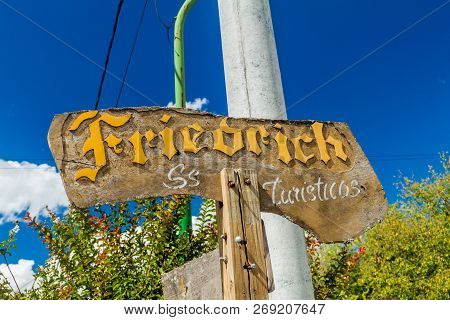 Villa General Belgrano, Argentina - Apr 3, 2015: Sign Of A Tourist Shop In Villa General Belgrano, A