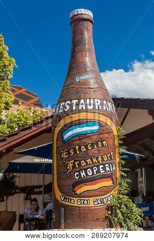 Villa General Belgrano, Argentina - Apr 3, 2015: Sculpture Of Beer Bottle In Villa General Belgrano,