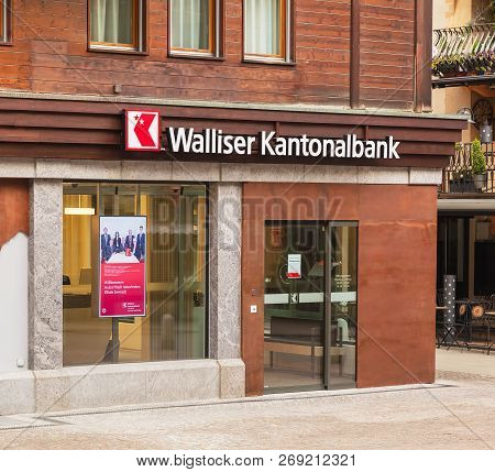 Zermatt, Switzerland - September 16, 2018: An Office Of The Walliser Kantonalbank In The Town Of Zer
