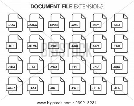 Flat Style Icon Set. Document, Text File Type, Extencion. Document Format. Pictogram.