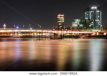 View Of The Illuminated Skyscraper Cologne Triangle, The Deutzer Bridge, The Lanxess Building And Th