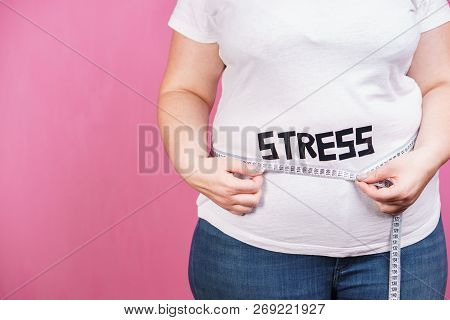 Stress, Eating Problems, Compulsive Overeating, Weight Gain. Overweight Woman With Big Belly And Mea