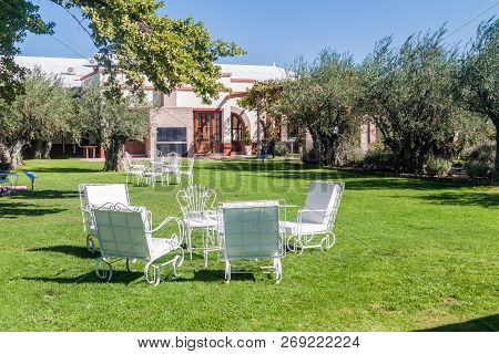 Chacras De Coria, Argentina - Aug 1, 2015: Garden Of Winery Altavista In Chacras De Coria Village, N